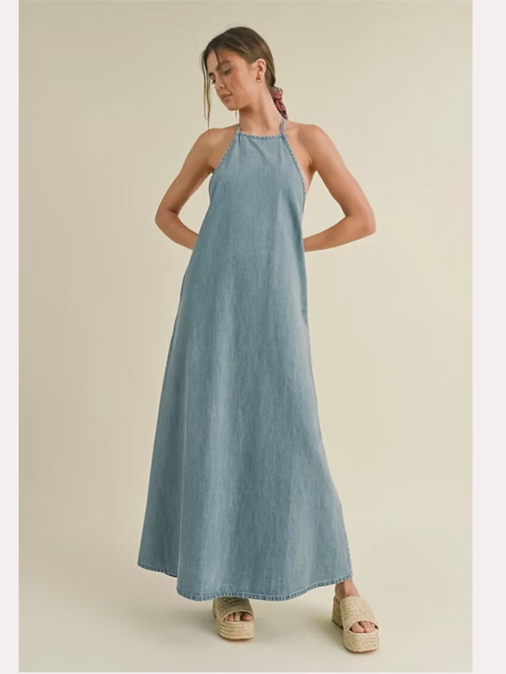 Sleeveless Light Blue Denim Halter Maxi Dress